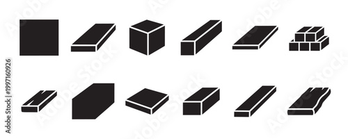 Collection of various black geometric shapes including cubes and rectangles in isometric perspective on a white background, representing building blocks or abstract concepts.