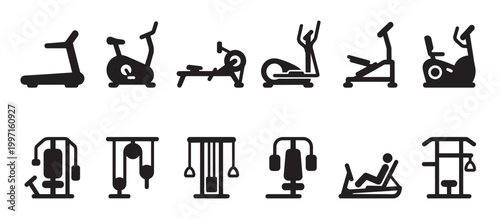 A collection of black silhouette icons depicting various fitness machines, including treadmills, exercise bikes, and weight machines, on a white background.