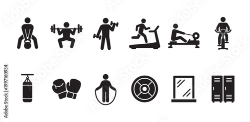 A collection of black vector silhouette icons representing various gym activities and equipment including weightlifting running and boxing on a white background.