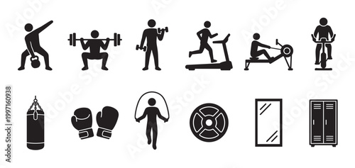 A collection of black and white vector icons depicting various gym activities and equipment, suitable for health and fitness related designs.