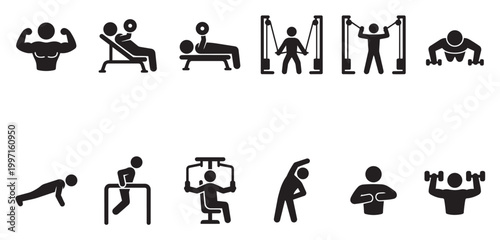 Black simple icon set showing various exercises and gym equipment, representing a healthy lifestyle and fitness.