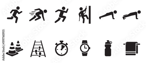 A collection of black minimalist icons depicting various sports and fitness activities, including running, climbing, exercise, and essential gear like cones and water bottles.