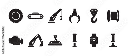 A collection of black silhouette icons representing various heavy machinery components and equipment used in construction and industry.