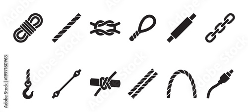 Collection of black silhouette icons featuring various rope knots, chains, and connectors on a white background, ideal for marine or industrial themes.