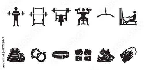 A collection of simple black and white icons representing various gym equipment, strength training exercises, and fitness accessories for a healthy lifestyle.