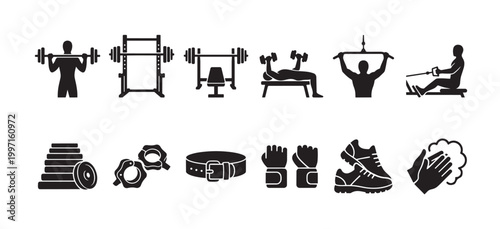 This black and white icon set features various gym equipment like weight racks, benches, and barbells, alongside accessories such as weights, gloves, and shoes, ideal for fitness concepts.