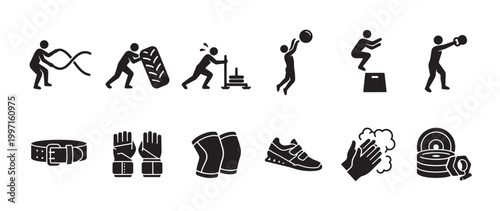 A collection of black silhouette icons representing various fitness activities, equipment, and personal care items used during exercise, suitable for health and sports themes.