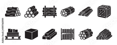 This collection of black and white icons depicts various arrangements of wood materials like logs, lumber, and crates, representing storage and raw materials.