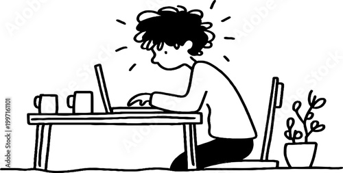 Person hunched over typing on laptop at home workspace