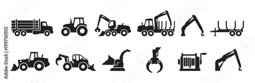 A collection of black silhouette icons representing various types of forest and logging machinery, including trucks, tractors, excavators, and specialized equipment for wood processing and transport.