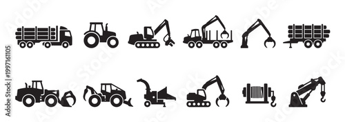 A collection of black silhouette icons representing various heavy machinery used in the forest industry, including trucks, tractors, excavators, and specialized equipment for logging and transport.
