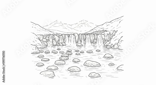 A serene mountain waterfall cascades over rocks into a stream with stepping stones