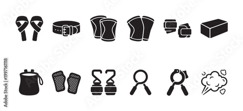 A collection of black silhouette icons representing various sports and fitness equipment on a clean white background, perfect for design projects.