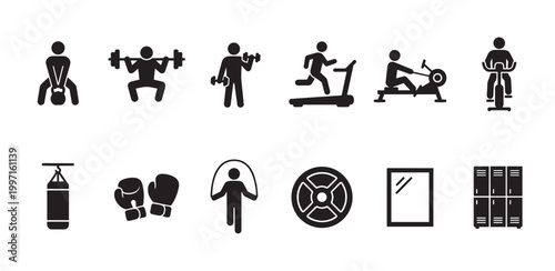 Collection of black and white pictogram icons representing various gym activities and equipment, including weights, cardio machines, boxing, and lockers.