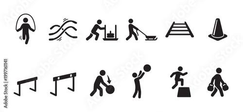 A collection of black silhouette icons depicting various exercises and sports activities, including jumping rope, hurdles, weightlifting, and ball games.