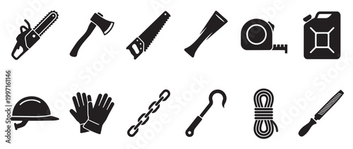 A set of black vector silhouette icons representing various tools and equipment used in construction, carpentry, and outdoor work.