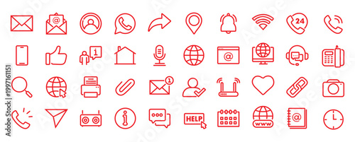 Contact Us web icons in line style. Web and mobile icon. Chat, point, chat, support, message, phone, globe, call, info collection. Editable stroke. Vector illustration.