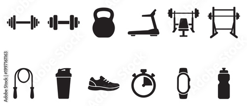Collection of black silhouette icons representing various fitness equipment and accessories for a gym or workout.