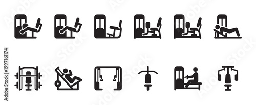 Collection of black and white simple icons representing various gym machines and exercises for fitness and workout concepts.