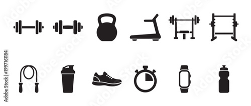 A collection of black silhouette icons depicting various fitness and gym equipment set against a clean white background for versatile use.