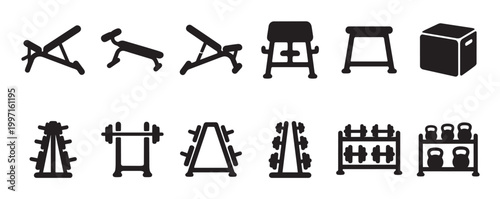 Black silhouette icons display various gym equipment including weight benches, barbells, dumbbells, kettlebells, and storage racks on a white background.