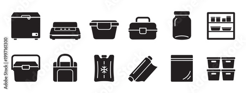 A clean, minimalist set of black and white icons illustrating various food storage and preservation items, including containers, coolers, and freezers.