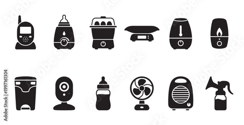 Collection of black silhouette icons depicting essential baby care items and common household appliances, arranged in two rows against a white background.