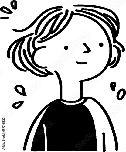 Child character smiling and relaxed in simple white background