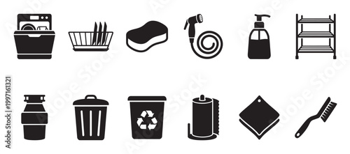 A collection of black and white vector icons representing various household cleaning supplies and tools for kitchen and bathroom use.