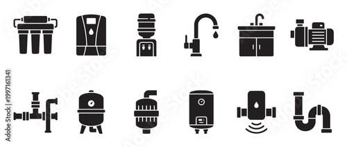 Collection of black silhouette icons representing various water system equipment including filters, pumps, water coolers, and pipes against a white background.