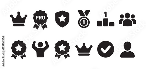 A collection of black graphic icons representing achievement, success, and recognition, including crowns, medals, trophies, and user icons, perfect for business or personal accomplishment themes.