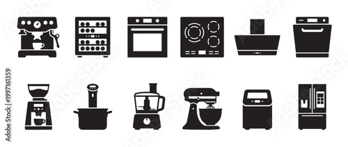 A collection of black and white silhouette icons representing various modern kitchen appliances, useful for design and culinary themes.