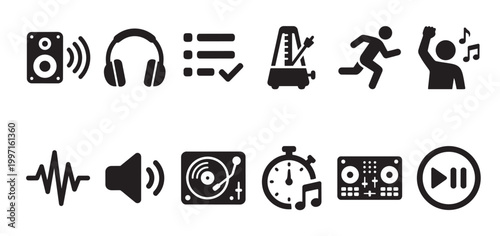 A collection of black flat icons representing various audio and music elements including speakers, headphones, sound waves, turntables, and DJ equipment.