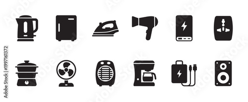 A clean, modern collection of black silhouette icons representing various household appliances against a white background.