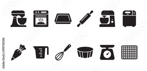 A collection of black vector icons depicting essential baking tools and appliances, perfect for graphic design and culinary themes.