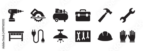 This is a clean vector illustration of various tools and equipment, presented as simple black icons on a white background.