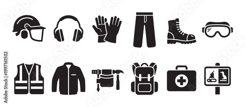 A collection of black and white icons representing essential safety equipment for construction workers, including a hard hat, earmuffs, gloves, pants, boots, and goggles.