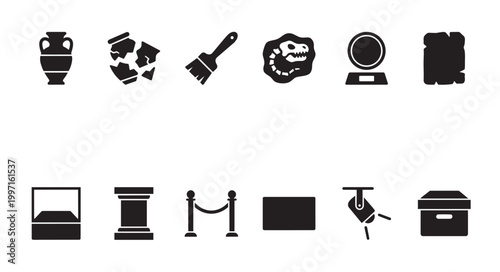 A collection of black flat icons representing museum artifacts and display elements, suitable for illustrating historical sites and exhibitions.