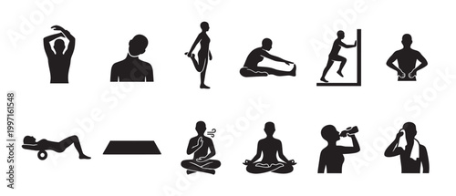A collection of black silhouette icons depicts various human figures engaged in fitness activities like stretching, yoga, and hydration, suitable for health and wellness themes.