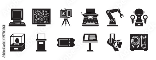 A collection of black and white icons representing various technologies, from vintage cameras and typewriters to modern computers, VR, and audio equipment.