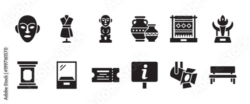 A collection of black icons depicting museum elements such as artifacts, a mannequin, masks, vases, a tapestry, a trophy, a pedestal, display case, ticket, information sign, spotlight, and bench.