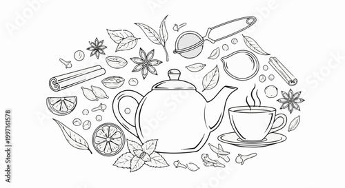A hand-drawn collection of tea-making ingredients and a steaming cup