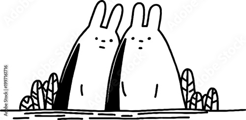 Two rabbits standing side by side among low bushes black line cartoon landscape