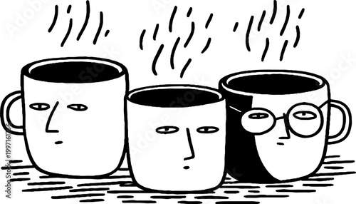 Three coffee mugs with faces steaming on tabletop scene