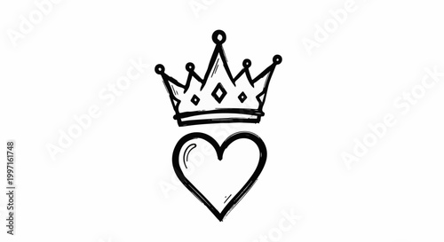 A hand-drawn black outline of a regal crown above a heart shape