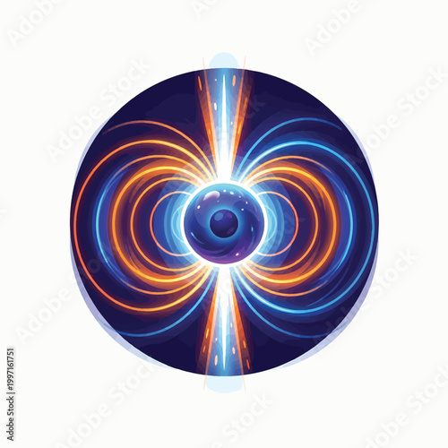 Abstract depiction of a glowing orb surrounded by concentric rings of blue and orange light, suggesting magnetic fields or energy flow.