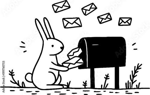 Rabbit retrieving mail at mailbox in outdoor scene with envelopes