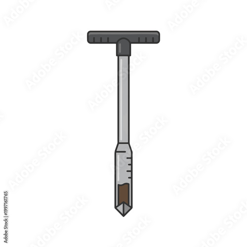 A soil auger with a T-shaped handle, a long shaft, and a pointed bit for extracting soil samples.