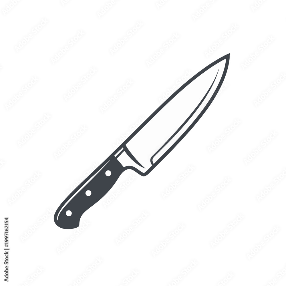 Fototapeta premium A simple, clean illustration of a chef's knife with a dark handle and a pointed, silver blade on a white background.