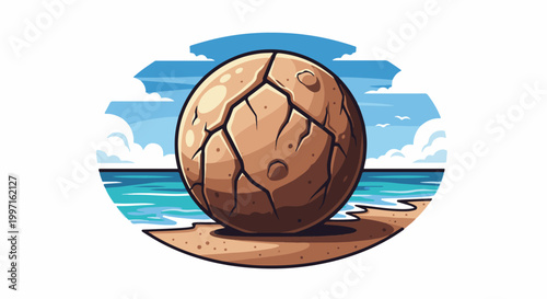 A large cracked sphere rests on a sandy beach by the ocean